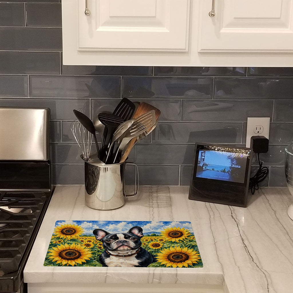 French Bulldog in Sunflowers Cutting Board Tempered Glass Kitchen Cutting Surface, Heat Resistant Chopping Board with Non-Slip Feet, Decorative Food Prep & Serving