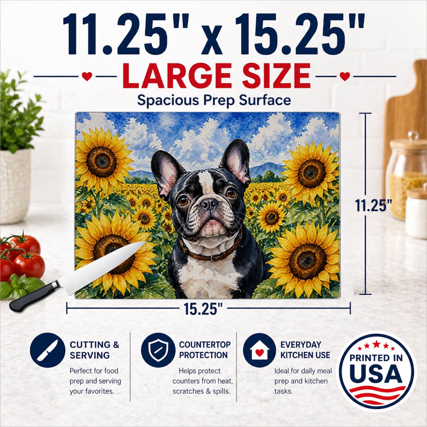 French Bulldog in Sunflowers Cutting Board Tempered Glass Kitchen Cutting Surface, Heat Resistant Chopping Board with Non-Slip Feet, Decorative Food Prep & Serving