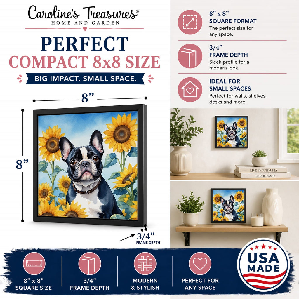 French Bulldog in Sunflowers Framed Metal Print Bathroom, Kitchen, Office, Home Decor Wall Art Ready to Hang, Square, 8X8