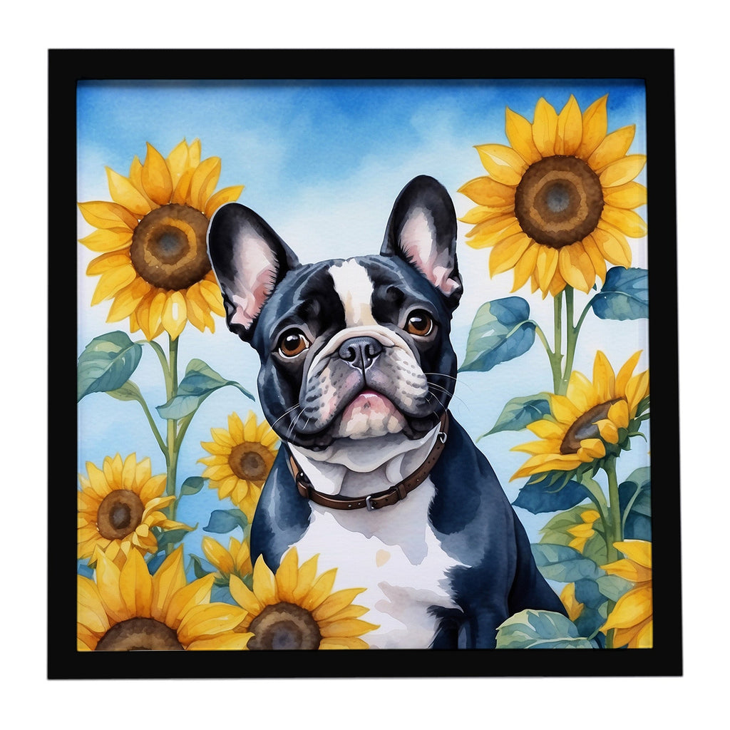 French Bulldog in Sunflowers Framed Metal Print Bathroom, Kitchen, Office, Home Decor Wall Art Ready to Hang, Square, 8X8