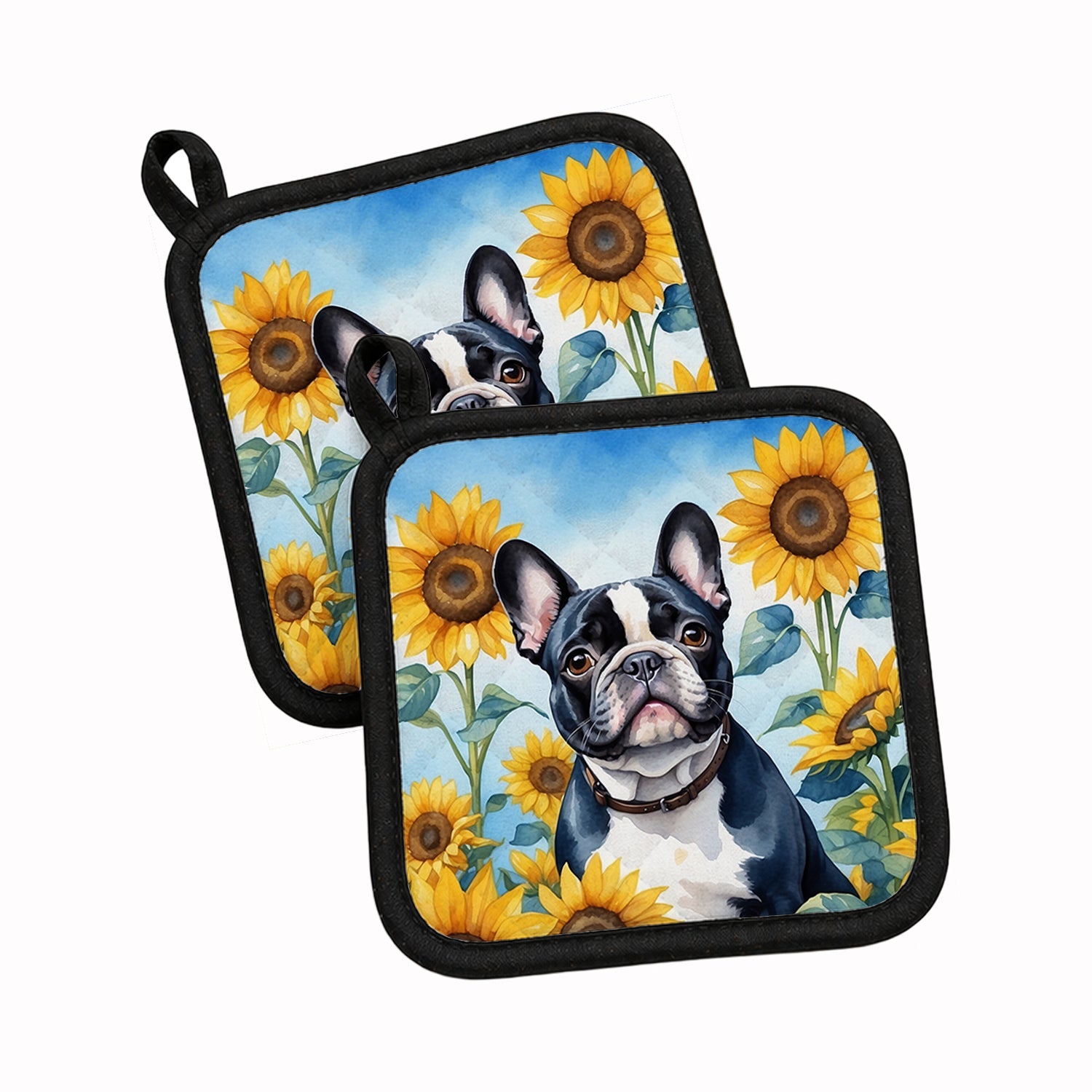 French Bulldog in Sunflowers Pot Holder Set of 2 Heat Resistant Quilted Hot Pads 7.5 x 7.5 Inch, Insulated Kitchen Trivets for Cooking & Baking