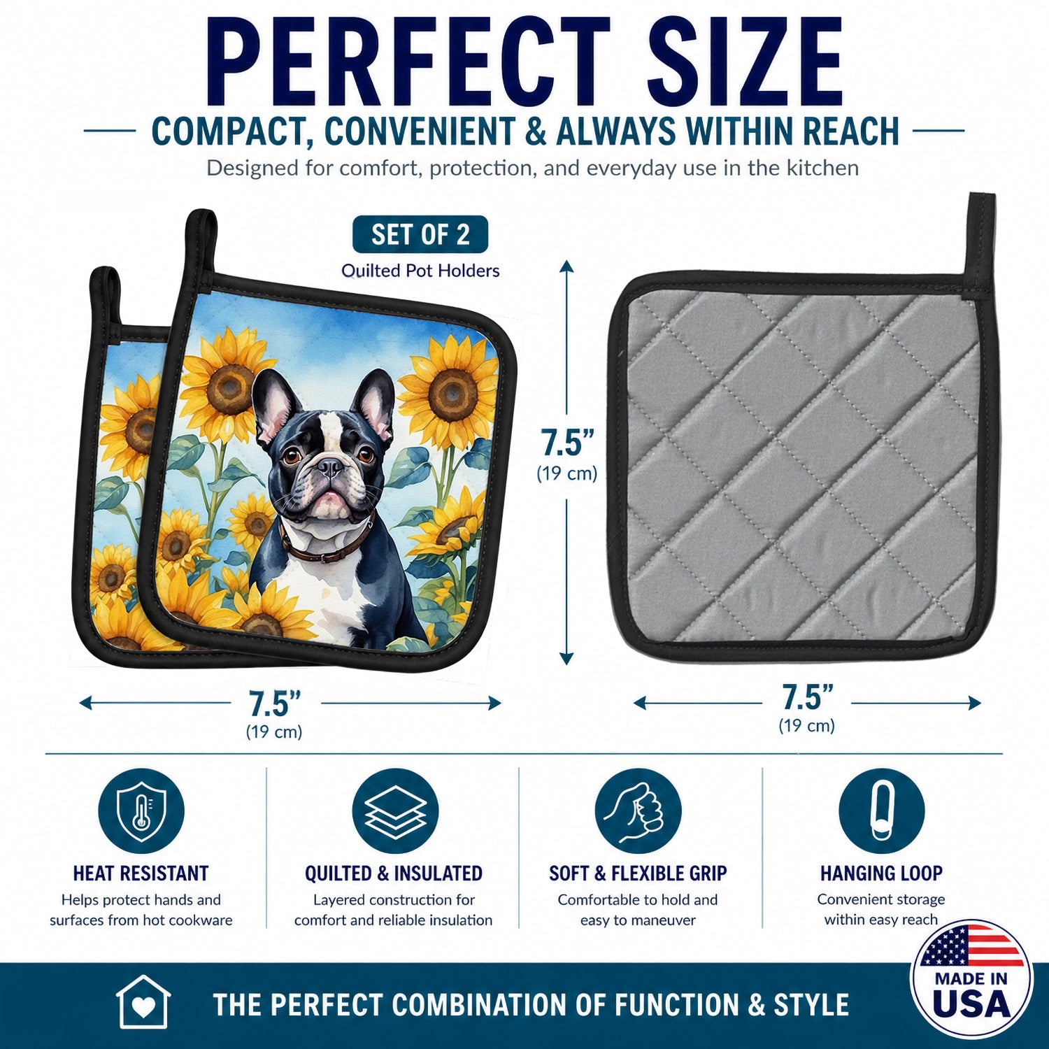 French Bulldog in Sunflowers Pot Holder Set of 2 Heat Resistant Quilted Hot Pads 7.5 x 7.5 Inch, Insulated Kitchen Trivets for Cooking & Baking