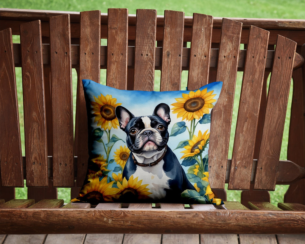 French Bulldog in Sunflowers Decorative Throw Pillow 14x14 Indoor Outdoor Accent Cushion, Fabric Cover with Insert for Sofa, Bed, Porch & Living Room