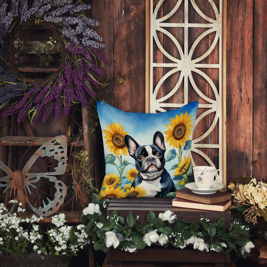 French Bulldog in Sunflowers Decorative Throw Pillow 14x14 Indoor Outdoor Accent Cushion, Fabric Cover with Insert for Sofa, Bed, Porch & Living Room