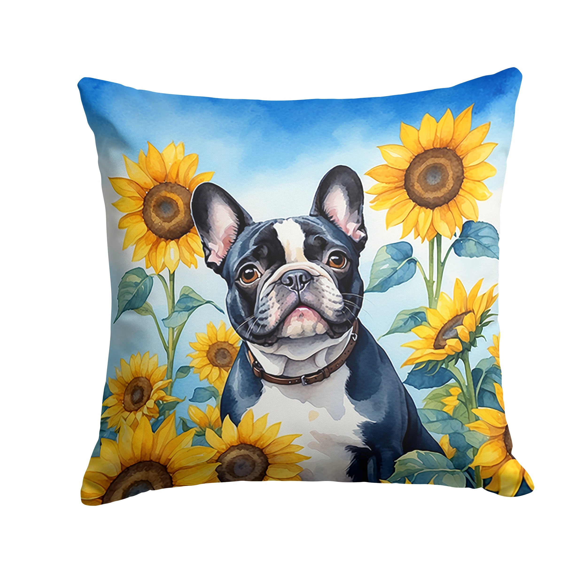 French Bulldog in Sunflowers Decorative Throw Pillow 18x18 Indoor Outdoor Accent Cushion, Fabric Cover with Insert for Sofa, Bed, Porch & Living Room