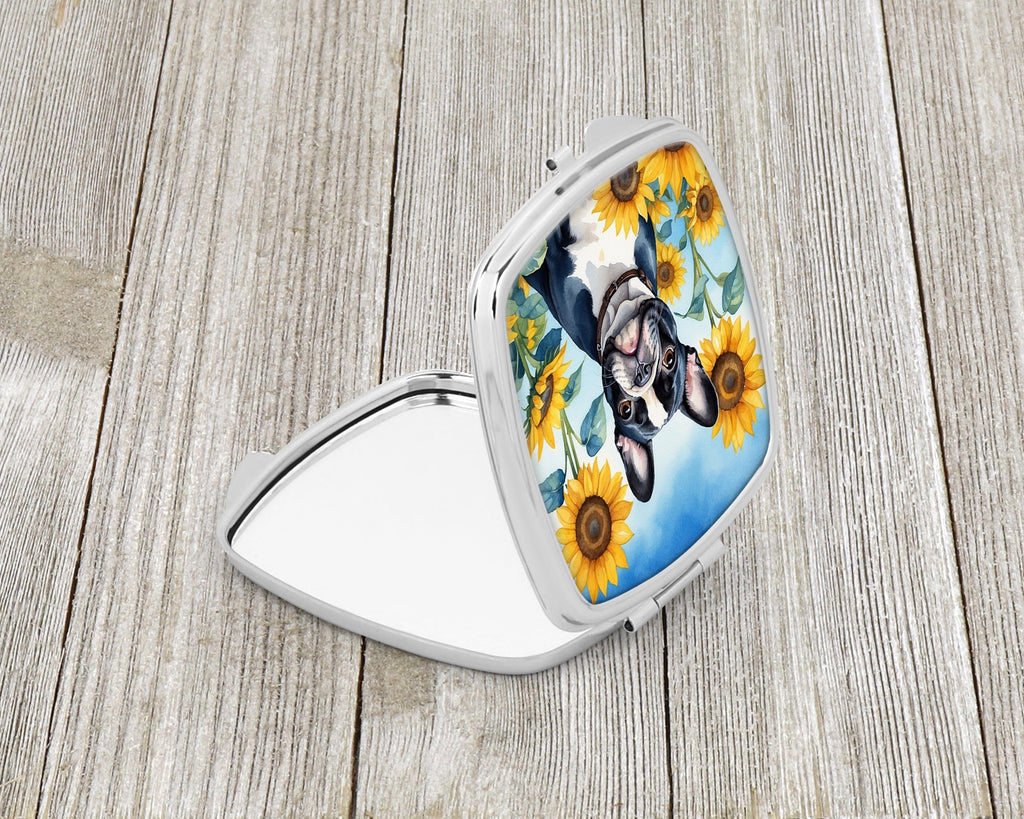 French Bulldog in Sunflowers Compact Mirror Decorative Travel Makeup Mirror for Women Girls Gifts Pocket Makeup Mirror Folding Handheld