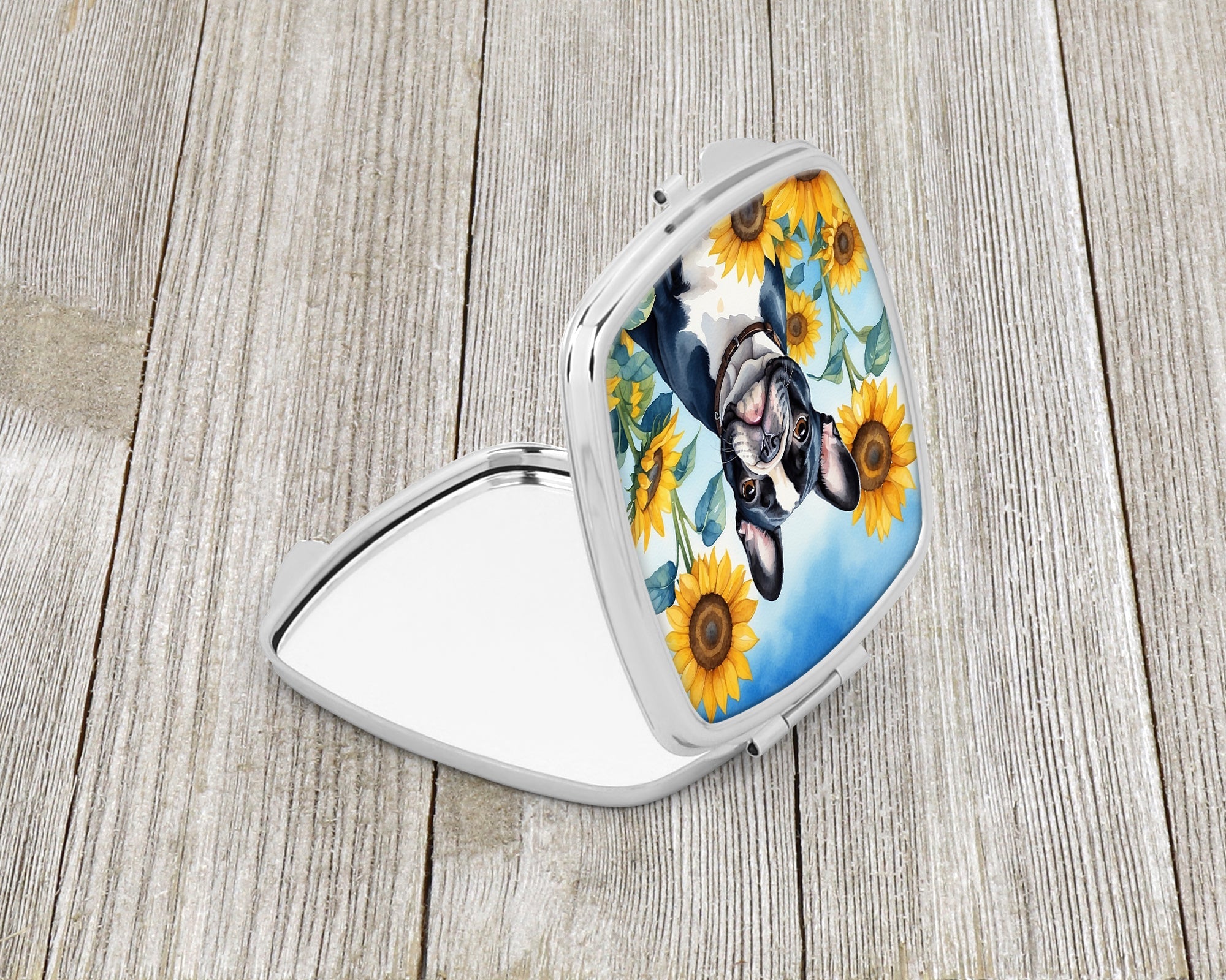 French Bulldog in Sunflowers Compact Mirror Decorative Travel Makeup Mirror for Women Girls Gifts Pocket Makeup Mirror Folding Handheld