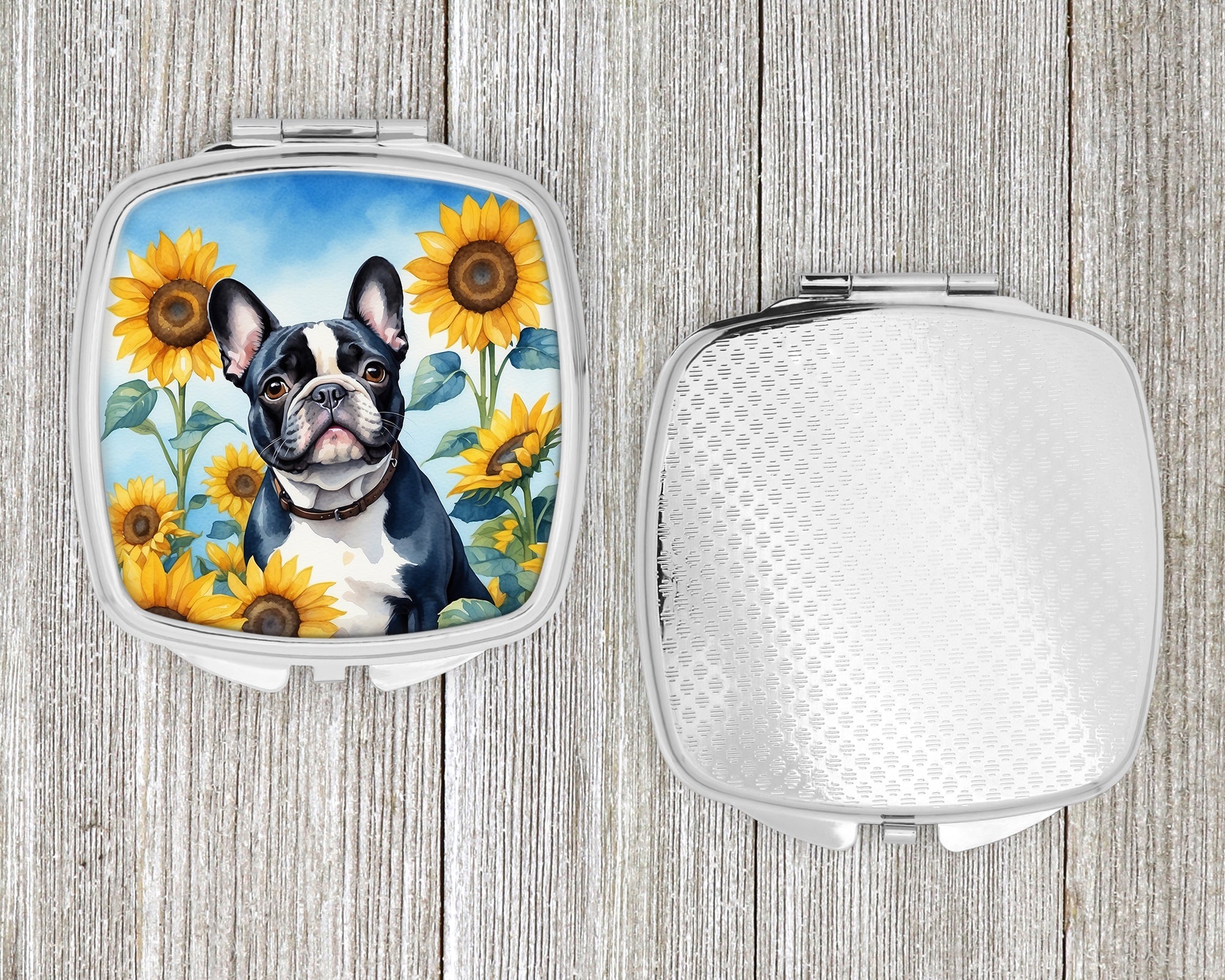 French Bulldog in Sunflowers Compact Mirror Decorative Travel Makeup Mirror for Women Girls Gifts Pocket Makeup Mirror Folding Handheld