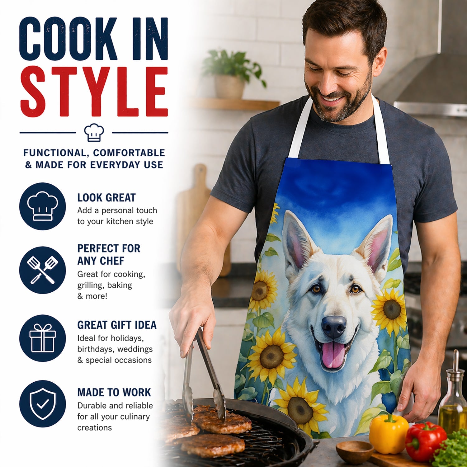 White German Shepherd in Sunflowers Apron Cooking Kitchen Server Baking Crafts Gardening for Adult Women Men, Unisex, Large, Multicolor
