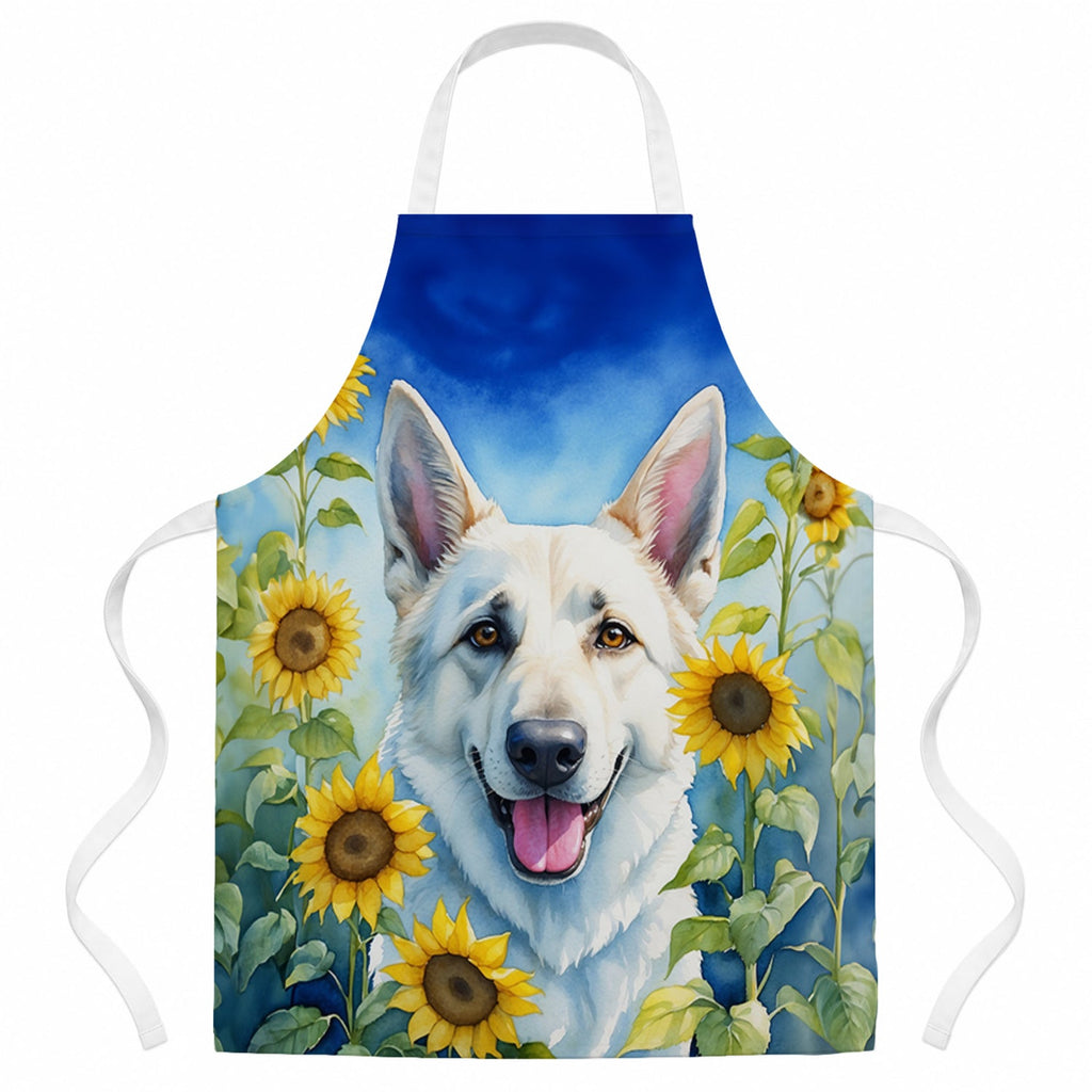 White German Shepherd in Sunflowers Apron Cooking Kitchen Server Baking Crafts Gardening for Adult Women Men, Unisex, Large, Multicolor