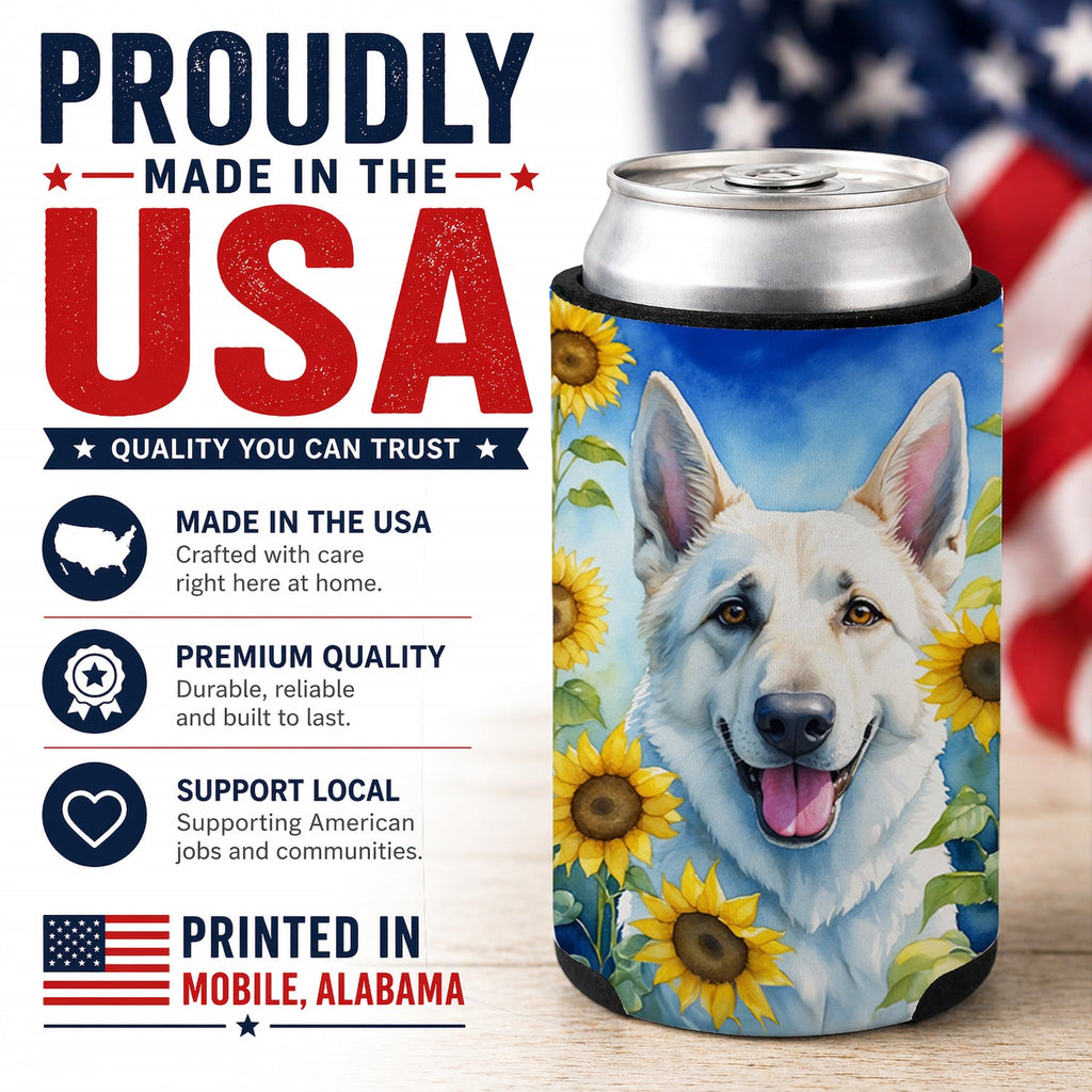 White German Shepherd in Sunflowers Can or Bottle Hugger Cooler Sleeve for Standard 12 oz Cans, Insulated Foam Beer & Soda Can Hugger Reusable