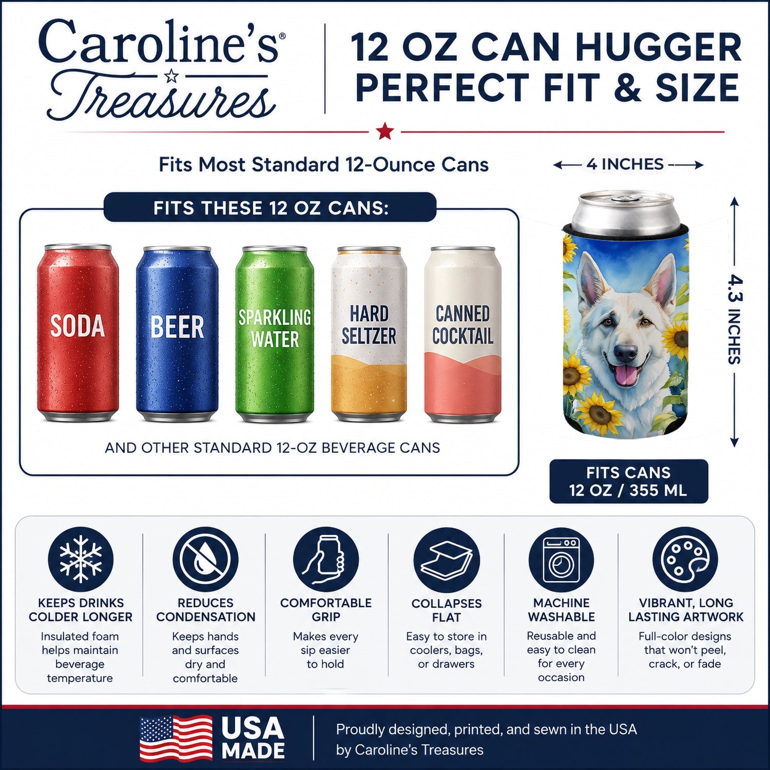 White German Shepherd in Sunflowers Can or Bottle Hugger Cooler Sleeve for Standard 12 oz Cans, Insulated Foam Beer & Soda Can Hugger Reusable