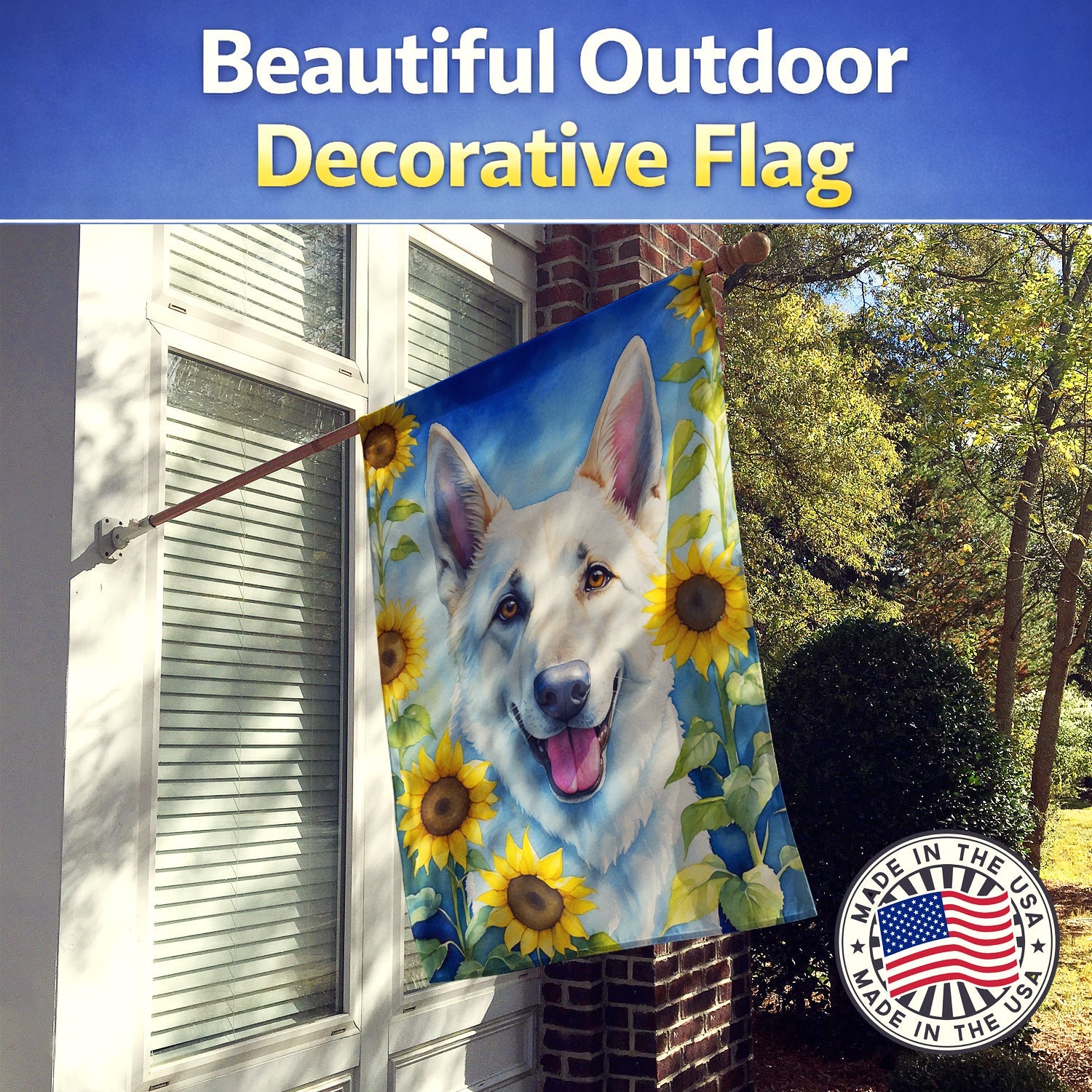 White German Shepherd in Sunflowers House Flag 28x40 Porch Sleeve Pole Decorative Outside Yard Banner Artwork Wall Hanging, Polyester
