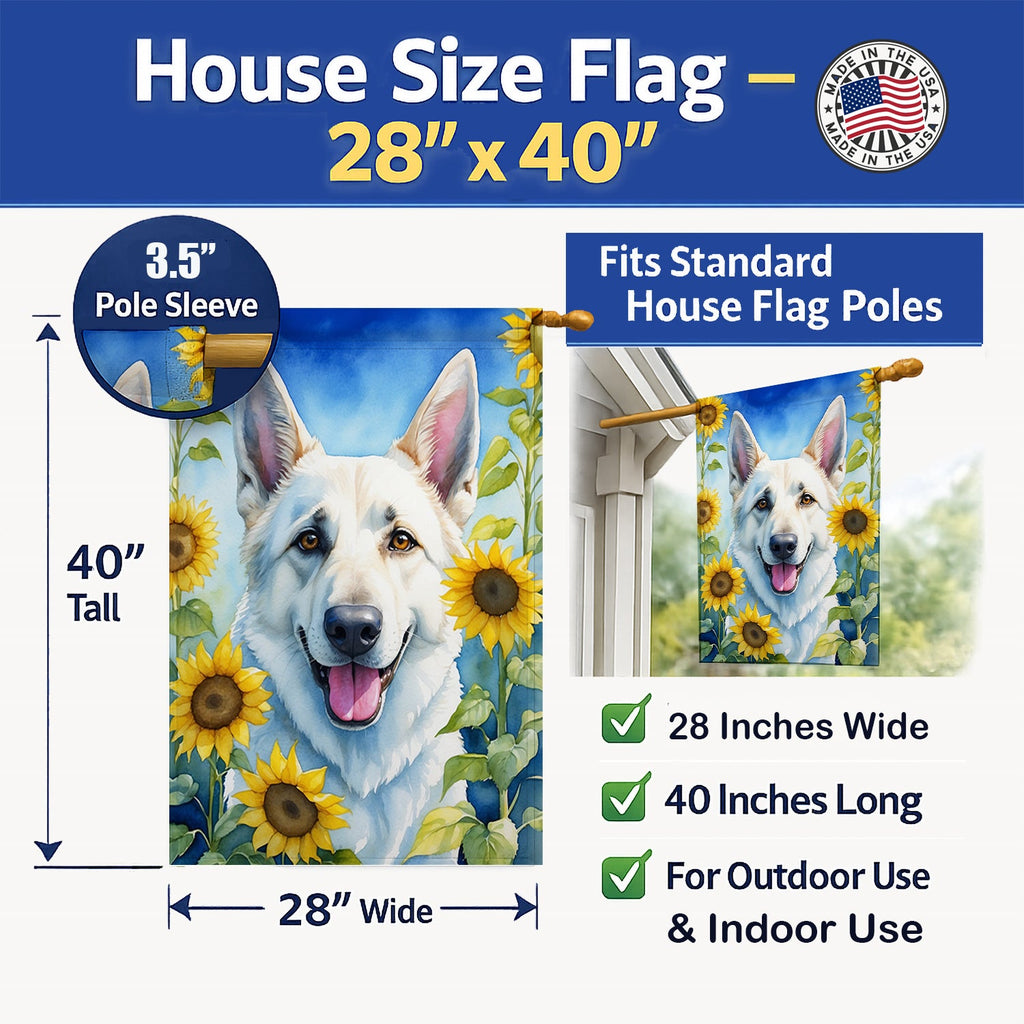 White German Shepherd in Sunflowers House Flag 28x40 Porch Sleeve Pole Decorative Outside Yard Banner Artwork Wall Hanging, Polyester