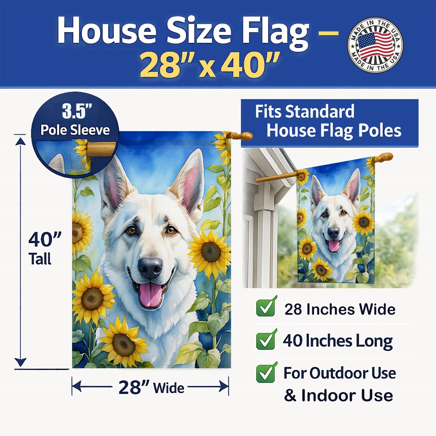 White German Shepherd in Sunflowers House Flag 28x40 Porch Sleeve Pole Decorative Outside Yard Banner Artwork Wall Hanging, Polyester