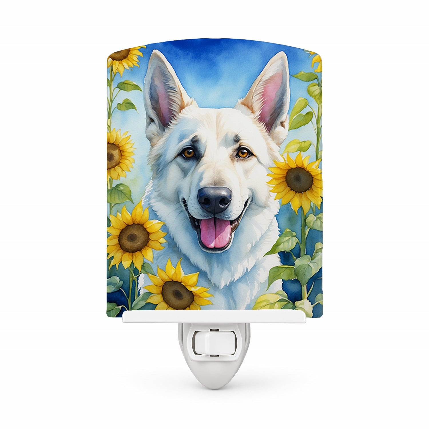 White German Shepherd in Sunflowers Ceramic Night Light Compact, UL-Certified, Ideal for Bedroom, Bathroom, Nursery, Hallway, Kitchen, 6x4x3, Multicolor