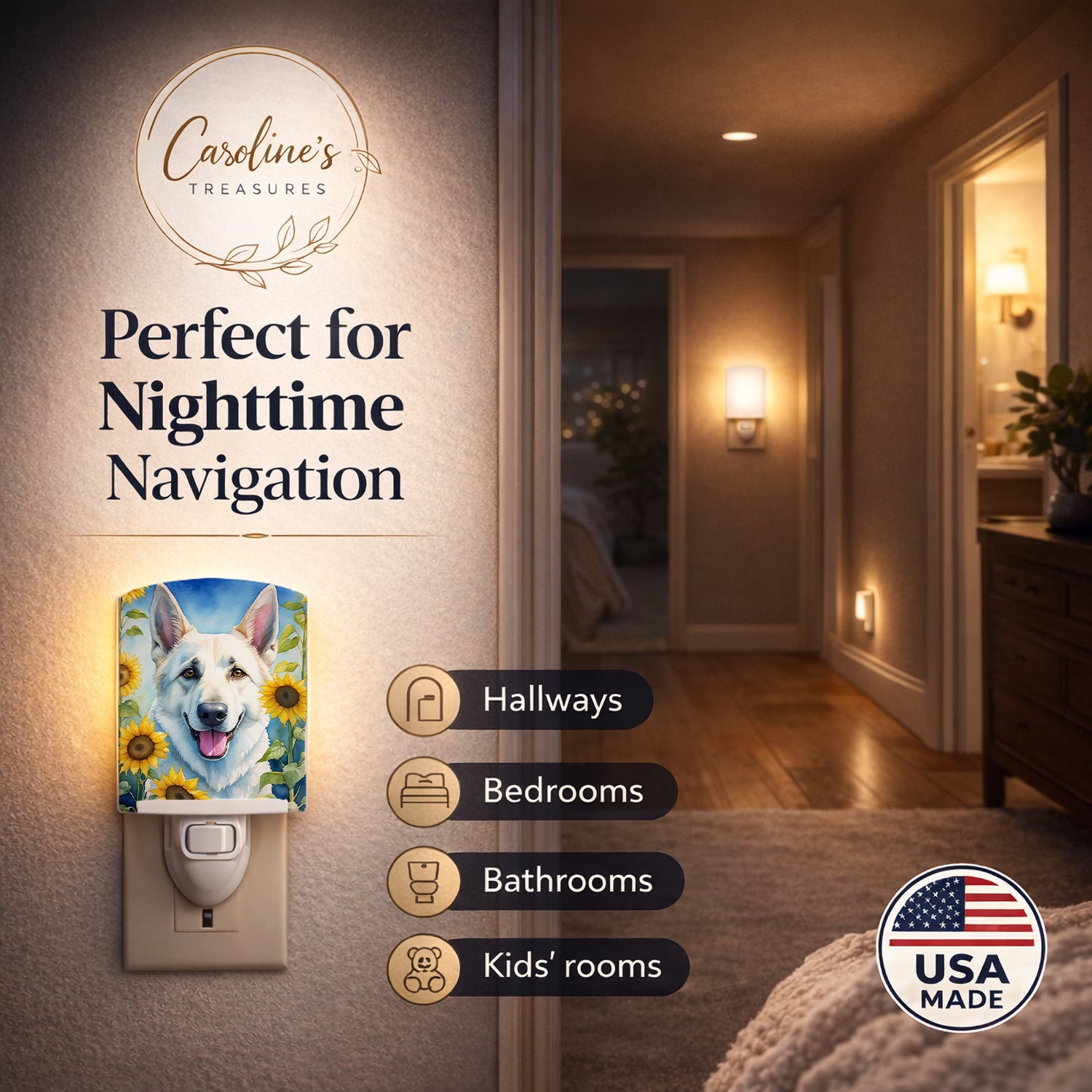 White German Shepherd in Sunflowers Ceramic Night Light Compact, UL-Certified, Ideal for Bedroom, Bathroom, Nursery, Hallway, Kitchen, 6x4x3, Multicolor