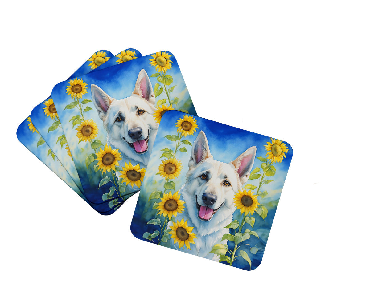 White German Shepherd in Sunflowers Foam Coasters Set of 4 Cup Coasters for Indoor Outdoor, Tabletop Protection, Anti Slip, Mouse pad Material