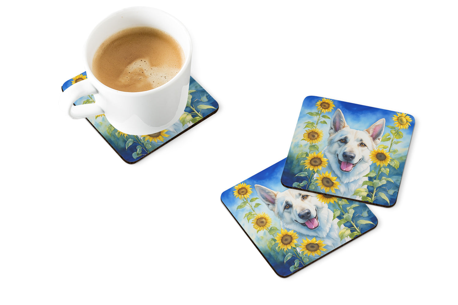 White German Shepherd in Sunflowers Foam Coasters Set of 4 Cup Coasters for Indoor Outdoor, Tabletop Protection, Anti Slip, Mouse pad Material