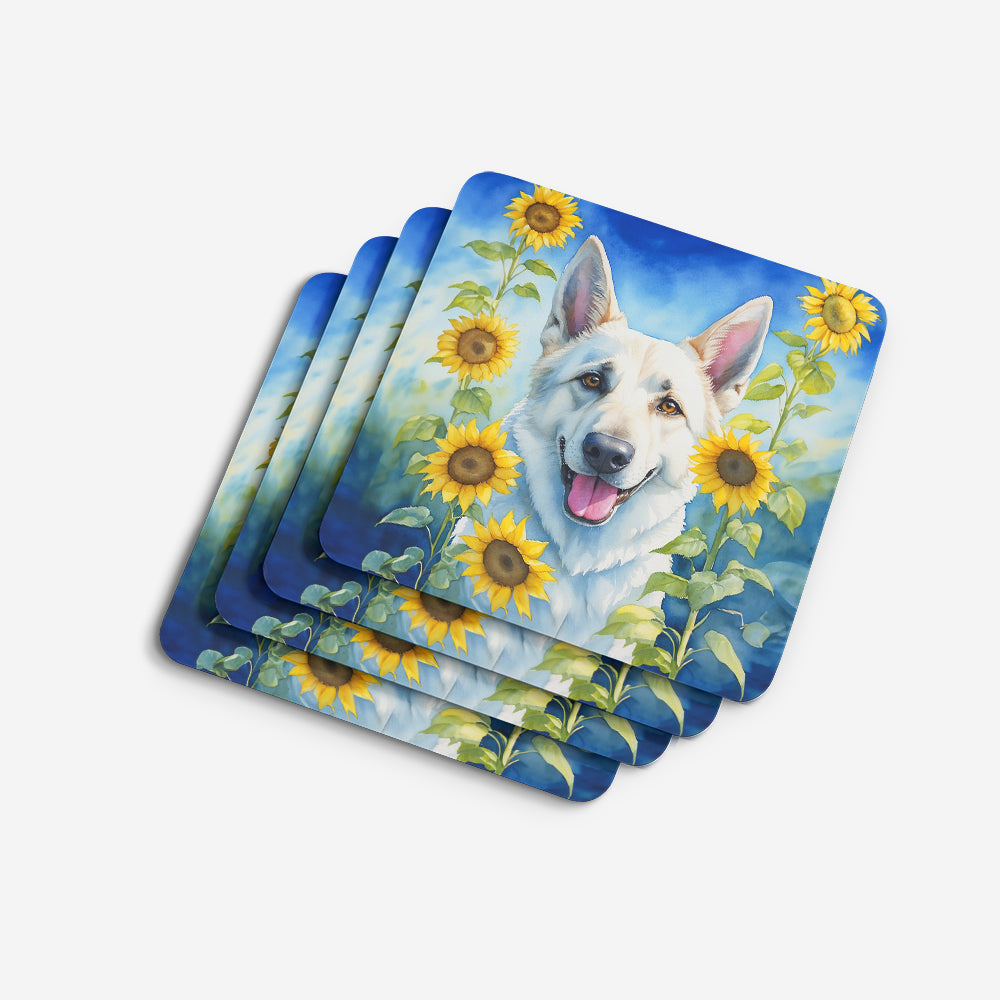White German Shepherd in Sunflowers Foam Coasters Set of 4 Cup Coasters for Indoor Outdoor, Tabletop Protection, Anti Slip, Mouse pad Material