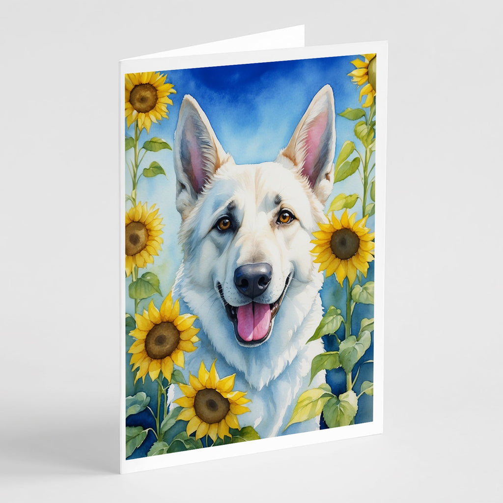 White German Shepherd in Sunflowers Greeting Cards Pack of 8 Blank Cards with Envelopes Whimsical A7 Size 5x7