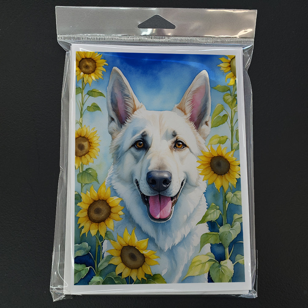 White German Shepherd in Sunflowers Greeting Cards Pack of 8 Blank Cards with Envelopes Whimsical A7 Size 5x7