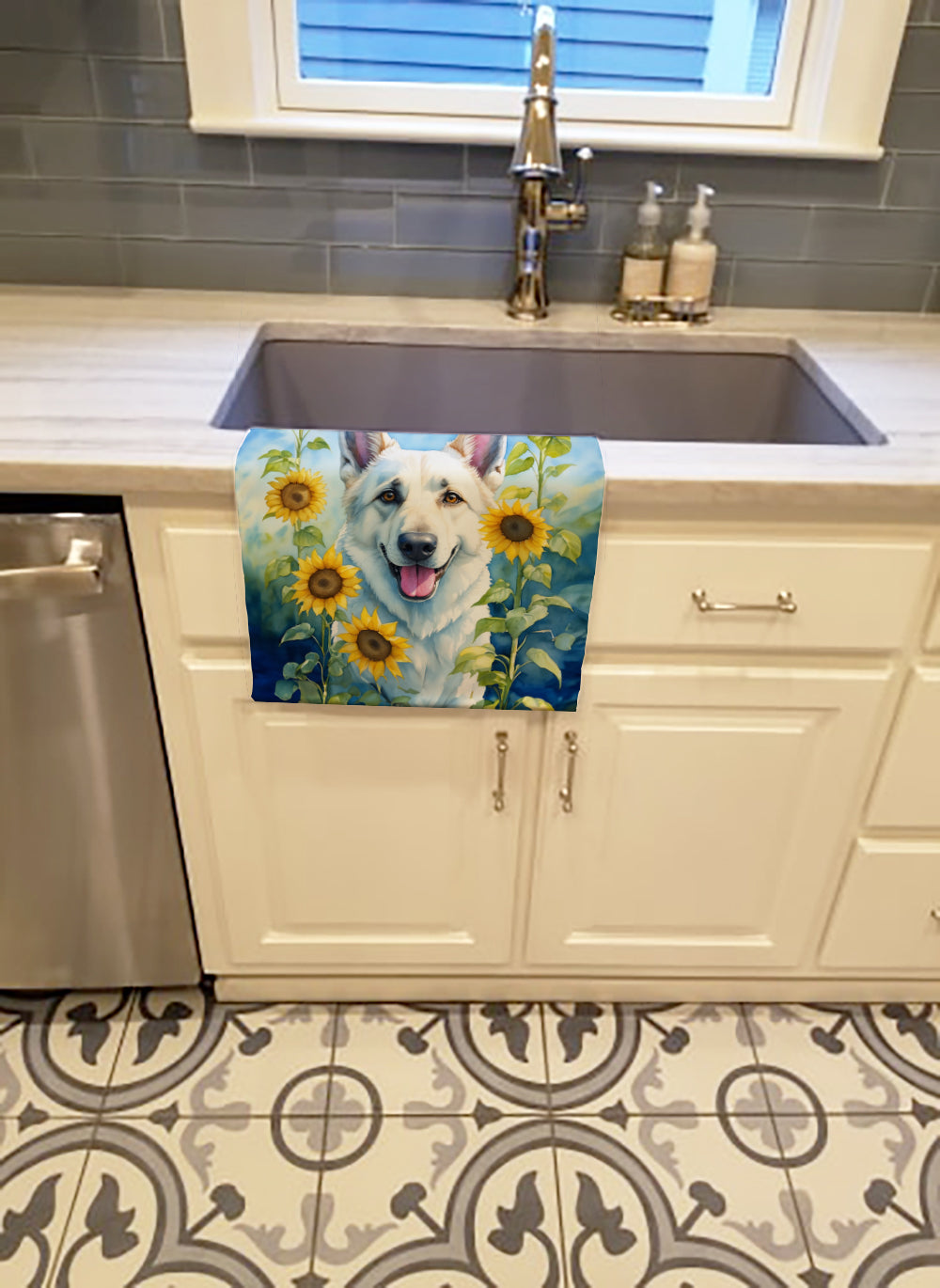 White German Shepherd in Sunflowers Kitchen Towel Velour Plush Front and Cotton Loop Back Machine Washable