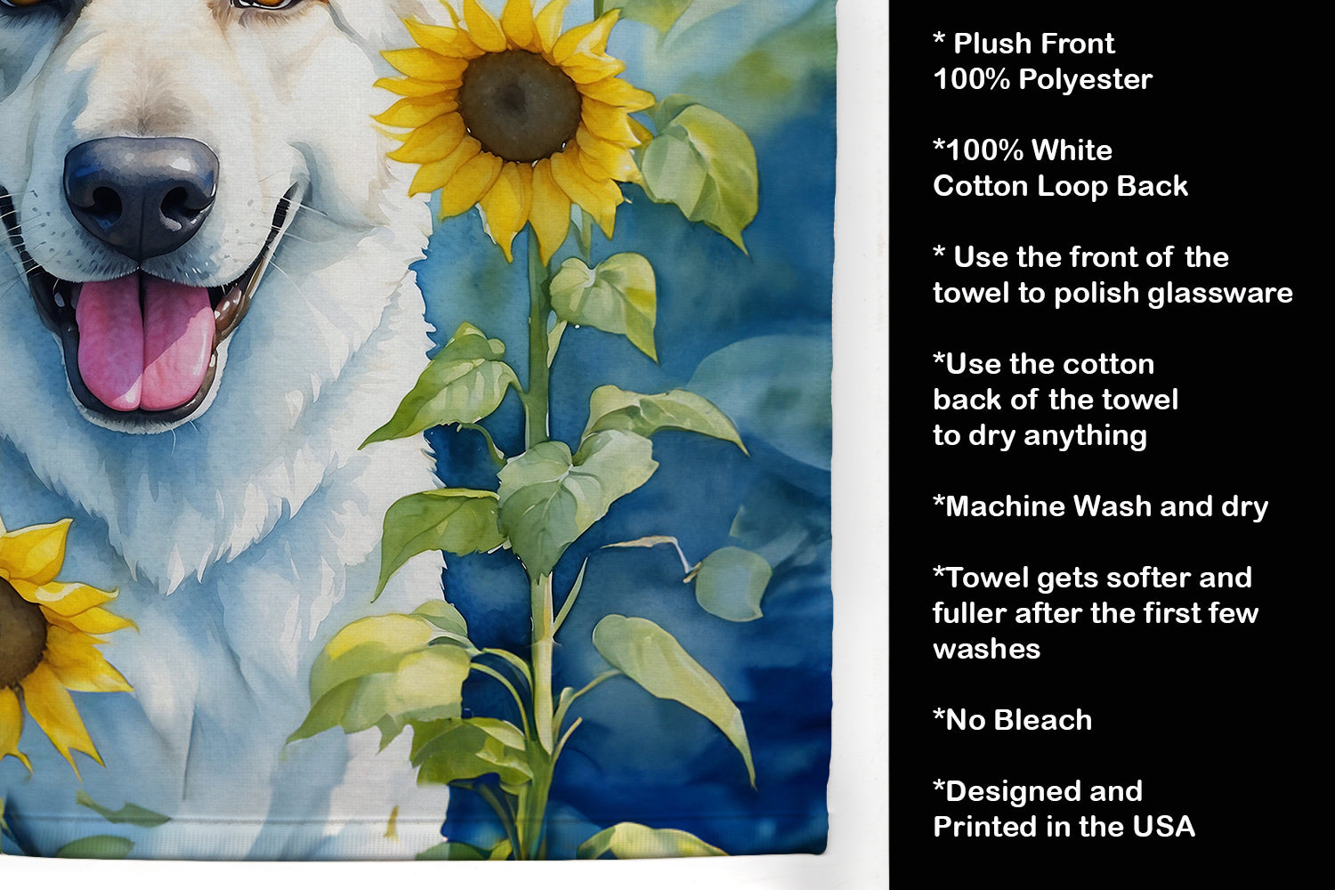 White German Shepherd in Sunflowers Kitchen Towel Velour Plush Front and Cotton Loop Back Machine Washable