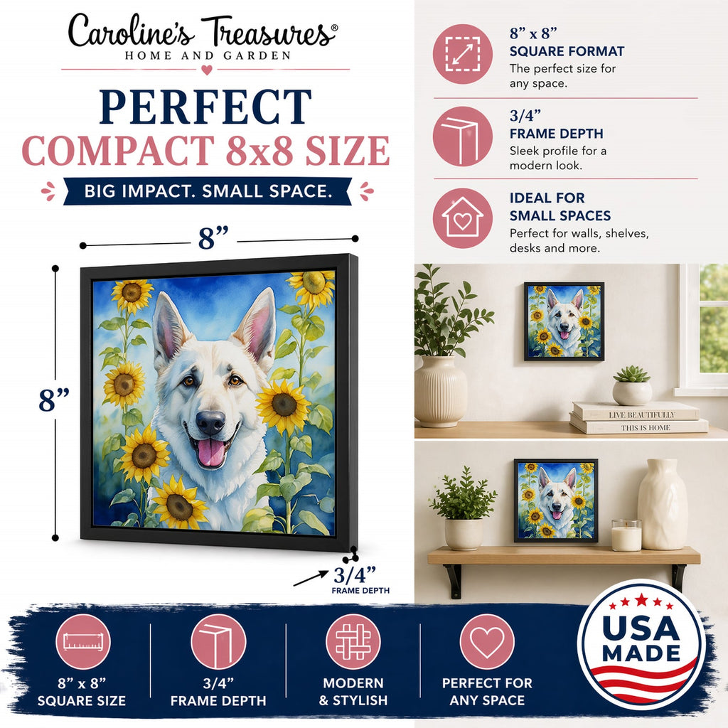 White German Shepherd in Sunflowers Framed Metal Print Bathroom, Kitchen, Office, Home Decor Wall Art Ready to Hang, Square, 8X8