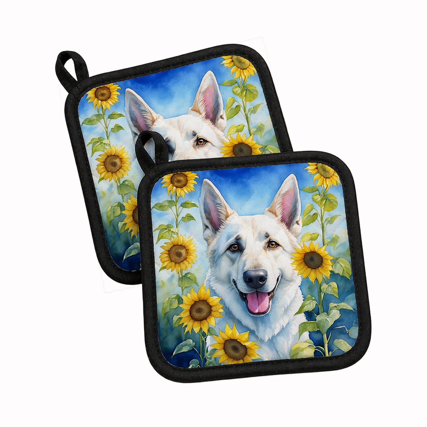 White German Shepherd in Sunflowers Pot Holder Set of 2 Heat Resistant Quilted Hot Pads 7.5 x 7.5 Inch, Insulated Kitchen Trivets for Cooking & Baking