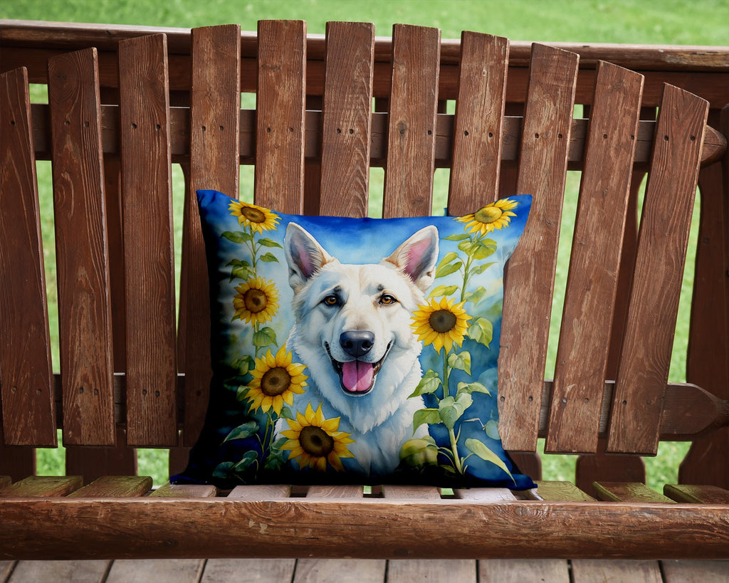 White German Shepherd in Sunflowers Decorative Throw Pillow 14x14 Indoor Outdoor Accent Cushion, Fabric Cover with Insert for Sofa, Bed, Porch & Living Room