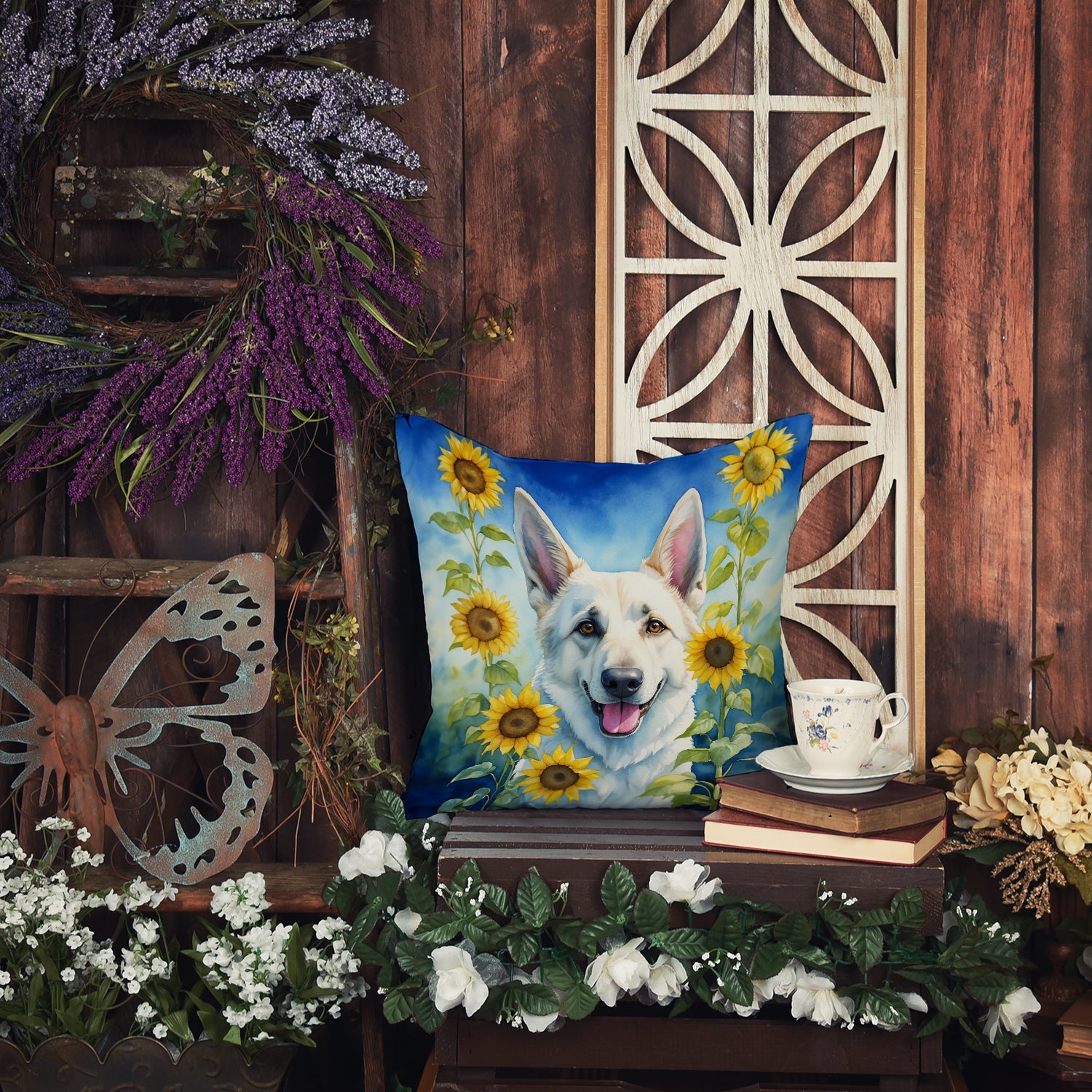 White German Shepherd in Sunflowers Decorative Throw Pillow 14x14 Indoor Outdoor Accent Cushion, Fabric Cover with Insert for Sofa, Bed, Porch & Living Room