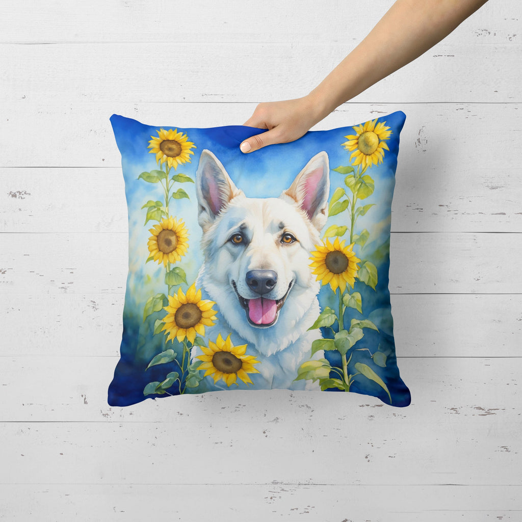 White German Shepherd in Sunflowers Decorative Throw Pillow 18x18 Indoor Outdoor Accent Cushion, Fabric Cover with Insert for Sofa, Bed, Porch & Living Room