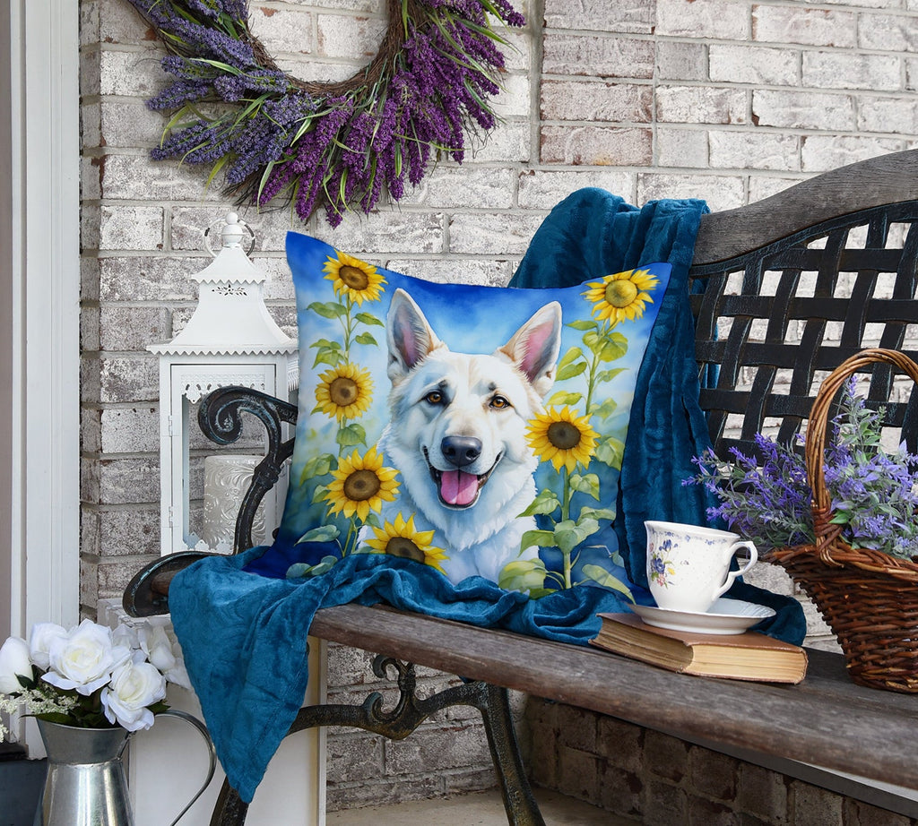 White German Shepherd in Sunflowers Decorative Throw Pillow 18x18 Indoor Outdoor Accent Cushion, Fabric Cover with Insert for Sofa, Bed, Porch & Living Room
