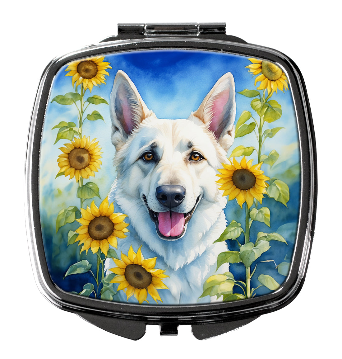 White German Shepherd in Sunflowers Compact Mirror Decorative Travel Makeup Mirror for Women Girls Gifts Pocket Makeup Mirror Folding Handheld