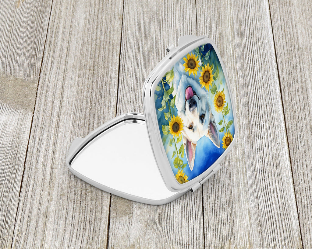 White German Shepherd in Sunflowers Compact Mirror Decorative Travel Makeup Mirror for Women Girls Gifts Pocket Makeup Mirror Folding Handheld