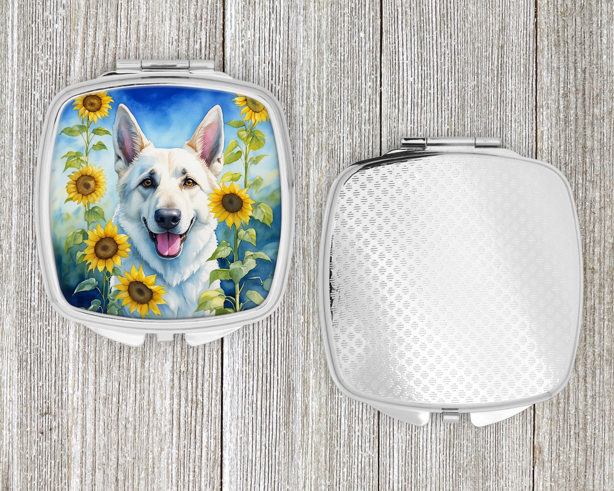 White German Shepherd in Sunflowers Compact Mirror Decorative Travel Makeup Mirror for Women Girls Gifts Pocket Makeup Mirror Folding Handheld