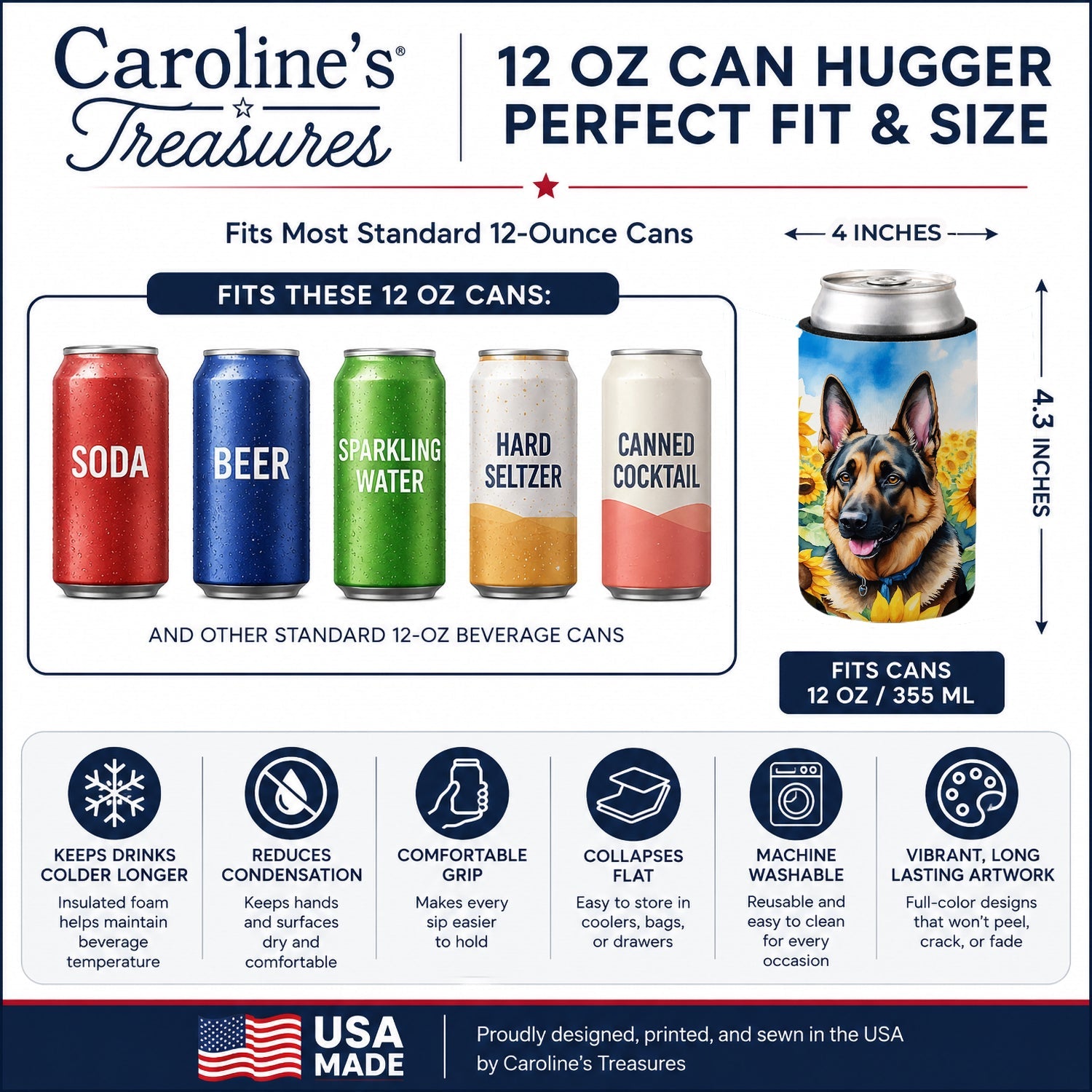 German Shepherd in Sunflowers Can or Bottle Hugger Cooler Sleeve for Standard 12 oz Cans, Insulated Foam Beer & Soda Can Hugger Reusable
