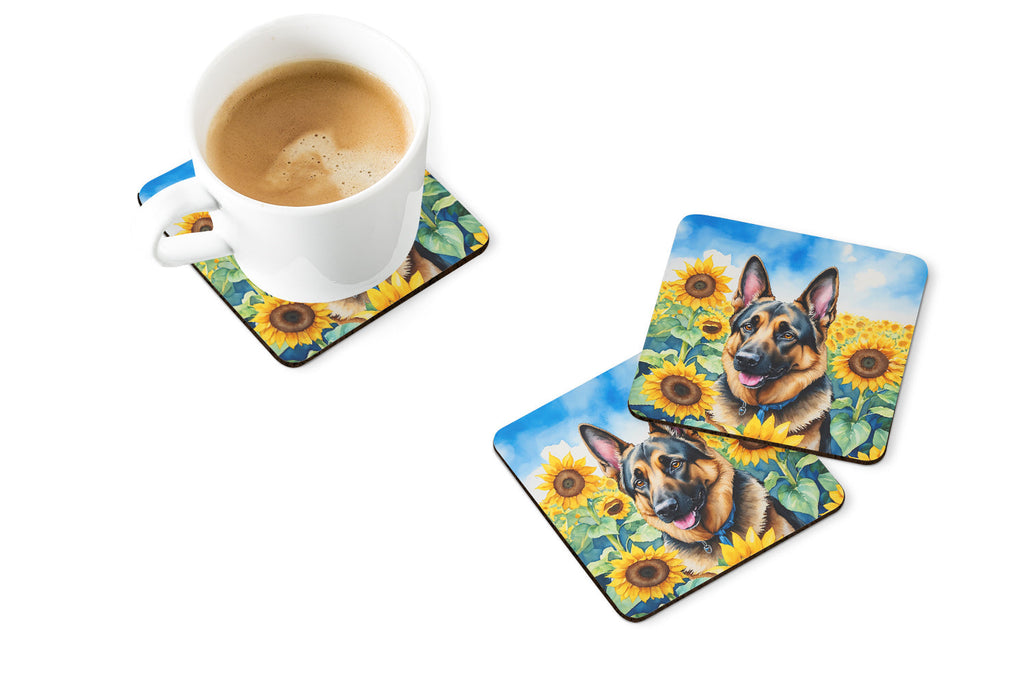 German Shepherd in Sunflowers Foam Coasters Set of 4 Cup Coasters for Indoor Outdoor, Tabletop Protection, Anti Slip, Mouse pad Material