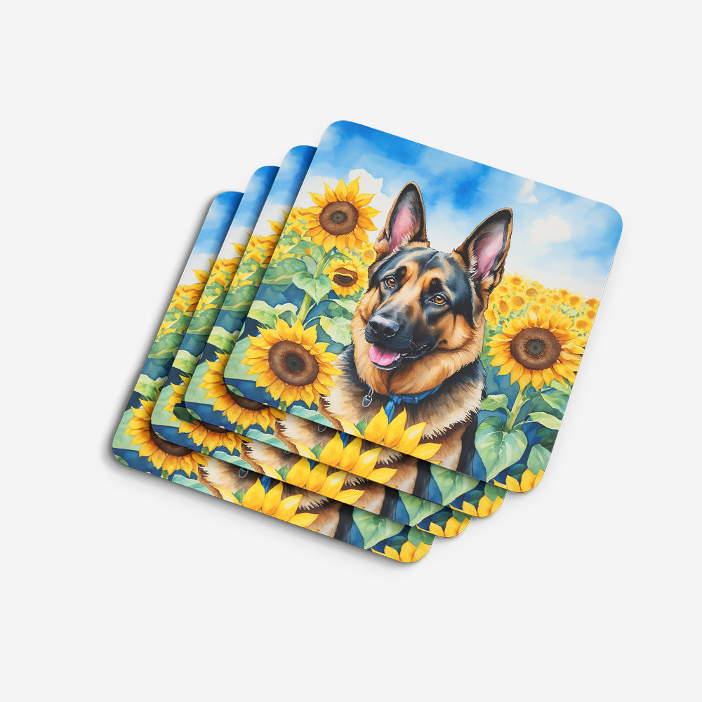 German Shepherd in Sunflowers Foam Coasters Set of 4 Cup Coasters for Indoor Outdoor, Tabletop Protection, Anti Slip, Mouse pad Material