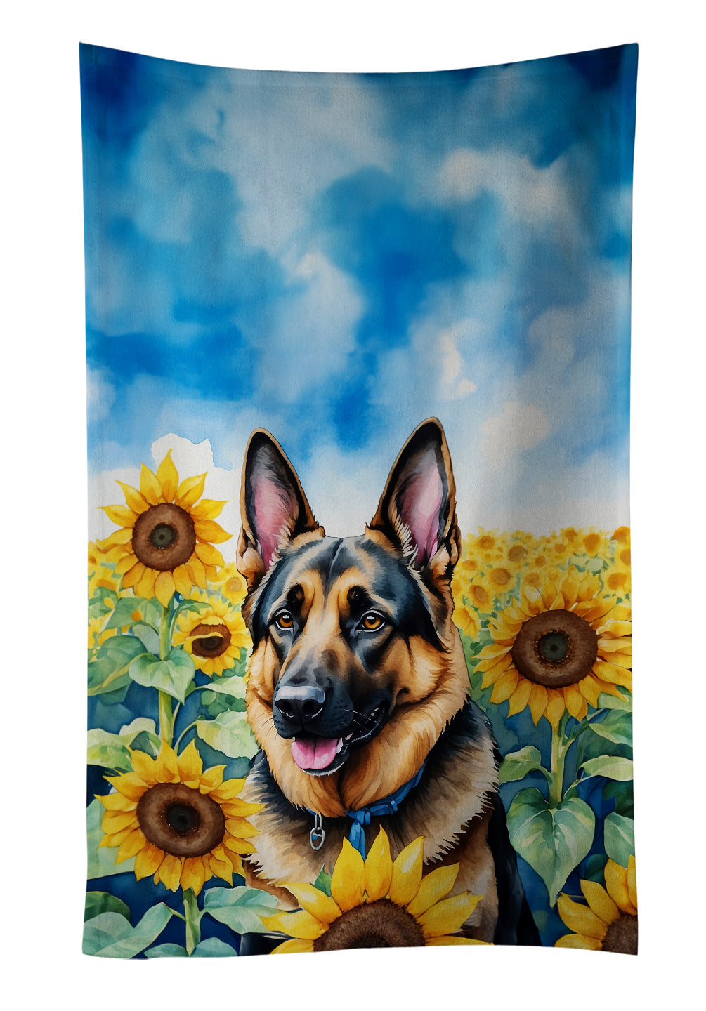 German Shepherd in Sunflowers Kitchen Towel Velour Plush Front and Cotton Loop Back Machine Washable