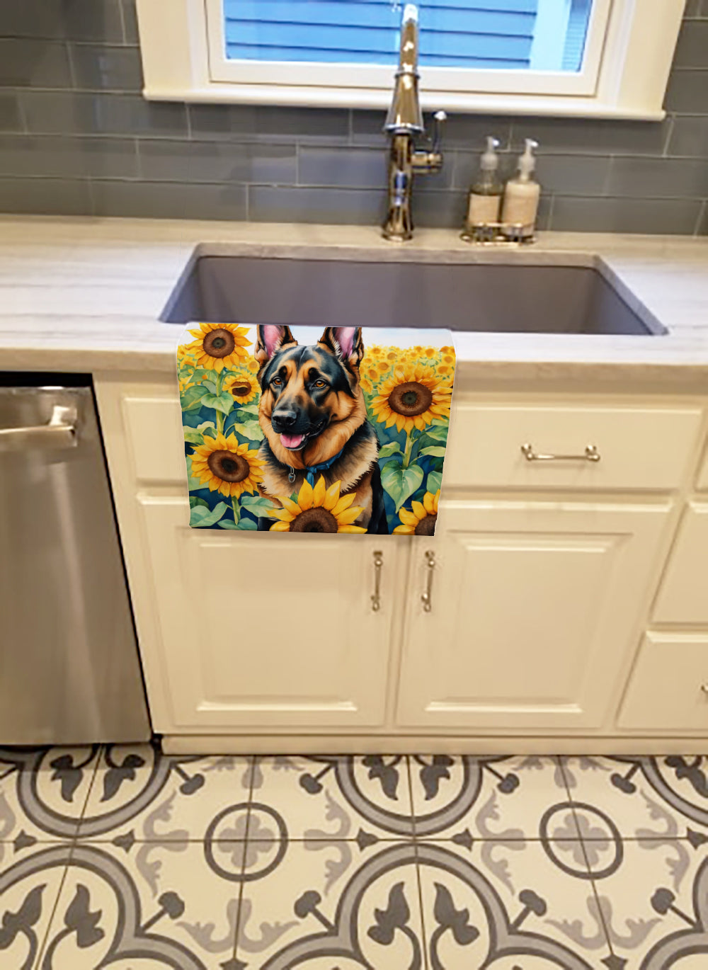German Shepherd in Sunflowers Kitchen Towel Velour Plush Front and Cotton Loop Back Machine Washable