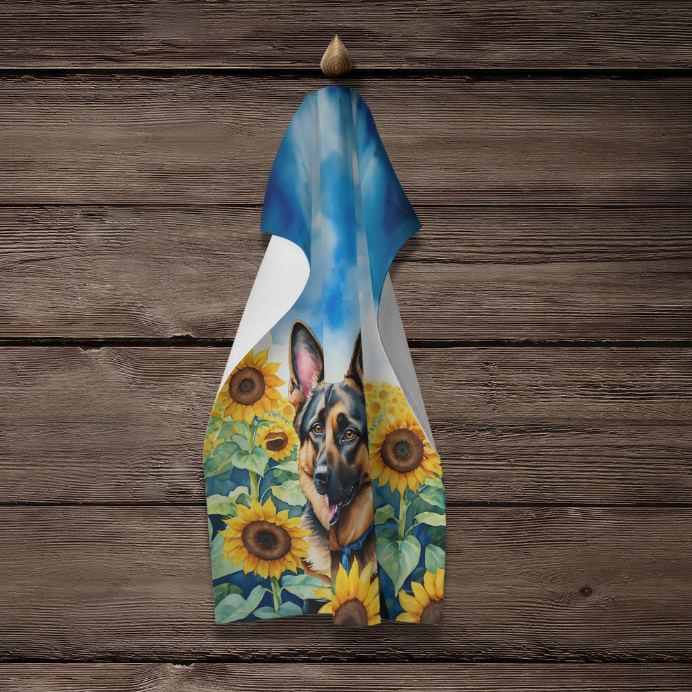 German Shepherd in Sunflowers Kitchen Towel Velour Plush Front and Cotton Loop Back Machine Washable
