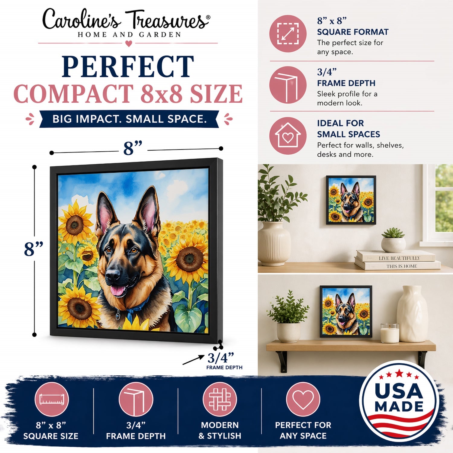 German Shepherd in Sunflowers Framed Metal Print Bathroom, Kitchen, Office, Home Decor Wall Art Ready to Hang, Square, 8X8