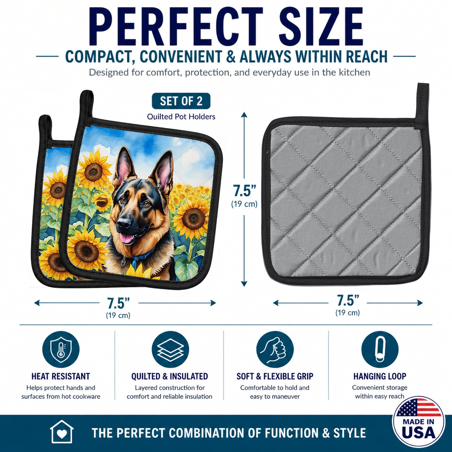 German Shepherd in Sunflowers Pot Holder Set of 2 Heat Resistant Quilted Hot Pads 7.5 x 7.5 Inch, Insulated Kitchen Trivets for Cooking & Baking