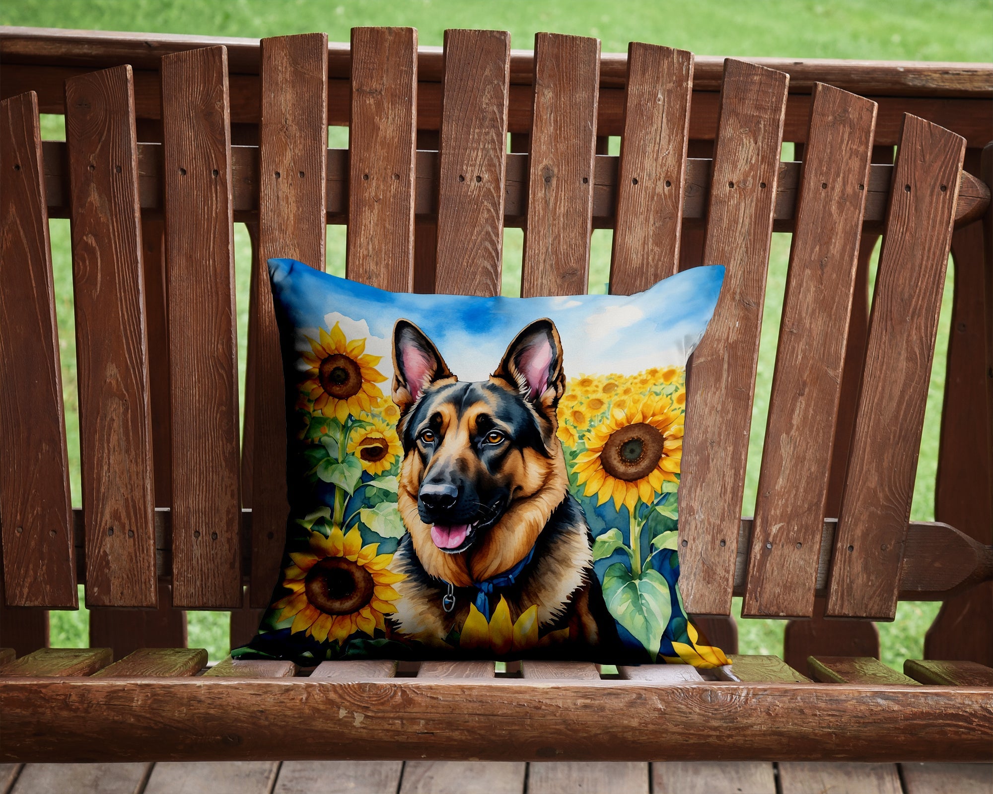 German Shepherd in Sunflowers Decorative Throw Pillow 14x14 Indoor Outdoor Accent Cushion, Fabric Cover with Insert for Sofa, Bed, Porch & Living Room
