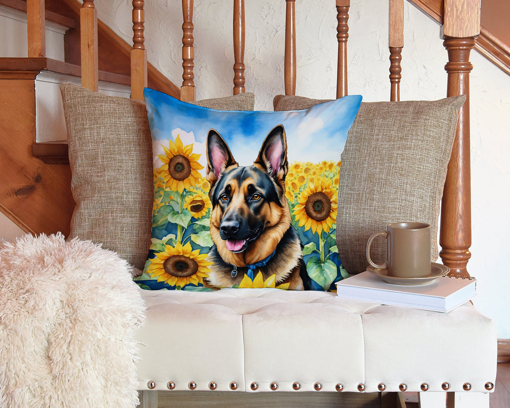 German Shepherd in Sunflowers Decorative Throw Pillow 14x14 Indoor Outdoor Accent Cushion, Fabric Cover with Insert for Sofa, Bed, Porch & Living Room