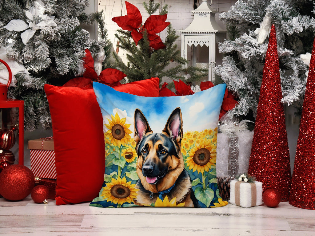German Shepherd in Sunflowers Decorative Throw Pillow 14x14 Indoor Outdoor Accent Cushion, Fabric Cover with Insert for Sofa, Bed, Porch & Living Room