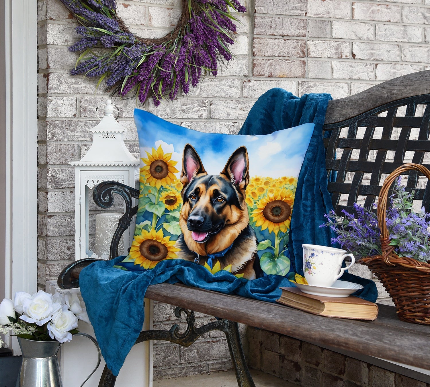 German Shepherd in Sunflowers Decorative Throw Pillow 18x18 Indoor Outdoor Accent Cushion, Fabric Cover with Insert for Sofa, Bed, Porch & Living Room