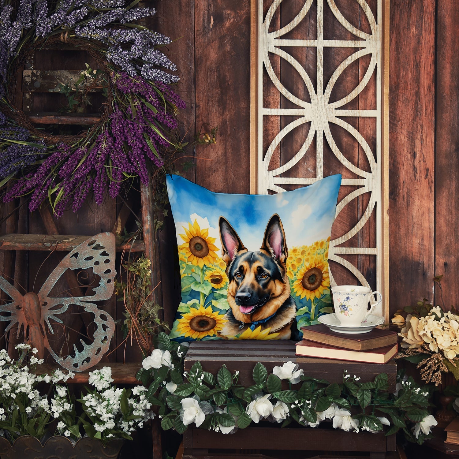 German Shepherd in Sunflowers Decorative Throw Pillow 18x18 Indoor Outdoor Accent Cushion, Fabric Cover with Insert for Sofa, Bed, Porch & Living Room